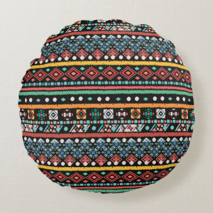 Ethnic Boho: Geometric Pixel Print Round Pillow