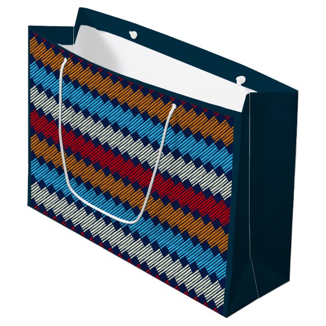 Ethnic Boho Pattern Lace Embroidery on Fabric      Large Gift Bag (Front Angled)