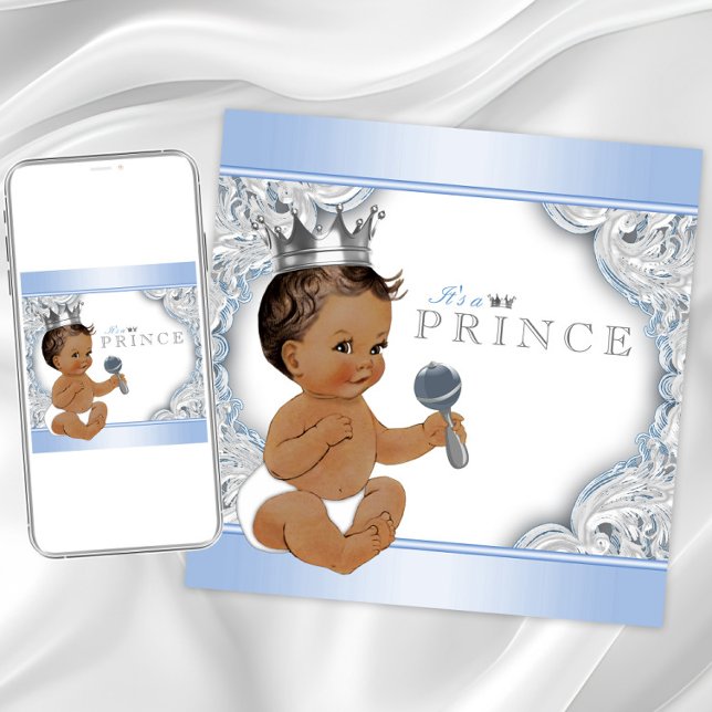 Ethnic Boy Baby Blue Silver Prince Baby Shower Invitation (Baby blue silver prince baby shower invitation. Instant download and printed invitations available.)