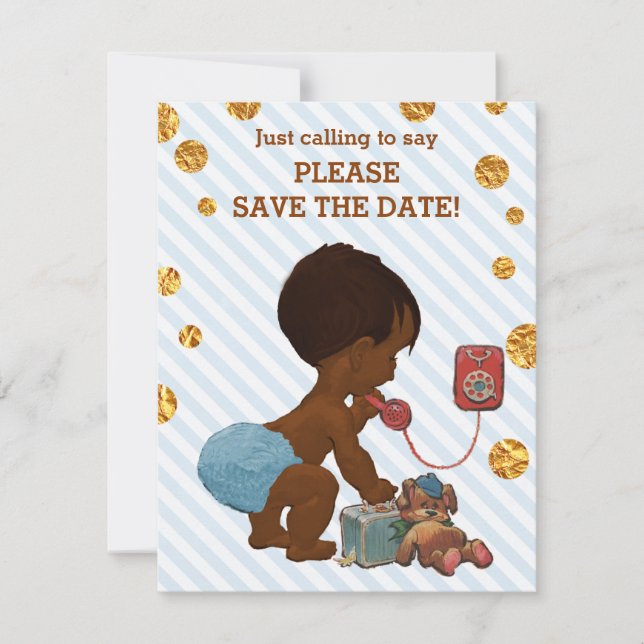 Ethnic Boy On Phone Stripes Dots Save The Date (Front)