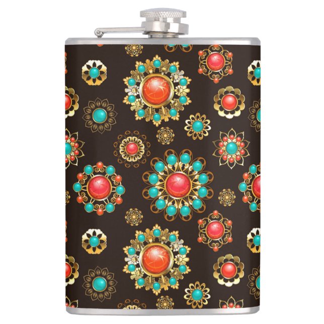 Ethnic Brooches Seamless Pattern Hip Flask (Front)