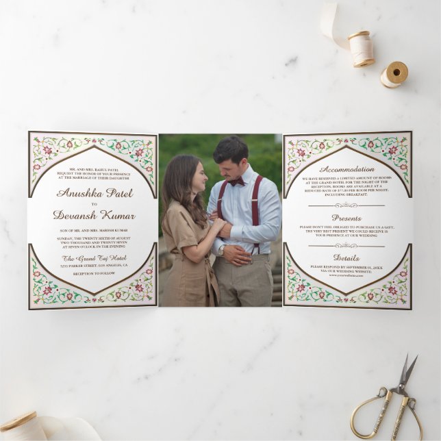 Ethnic Brown Ornate Floral Arch Indian Wedding Tri-Fold Invitation (Inside)