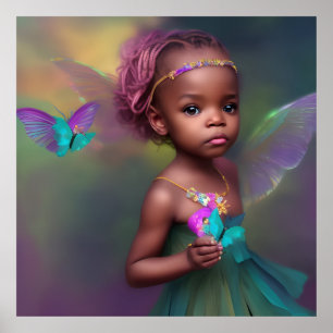 Ethnic cute little girl butterfly purple teal pink poster