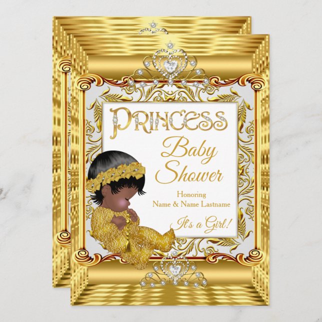 Ethnic Dark Golden Princess Girl Baby Shower Gold  Invitation (Front/Back)