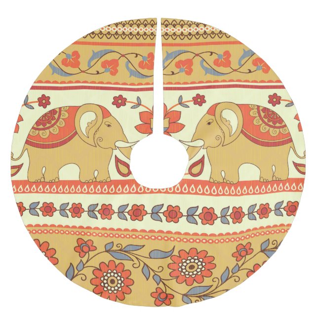 Ethnic elephants, flowers, seamless pattern. brushed polyester tree skirt (Front)