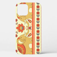Ethnic elephants, flowers, seamless pattern.