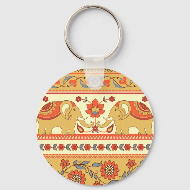 Ethnic elephants, flowers, seamless pattern. keychain (Front)