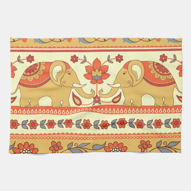 Ethnic elephants, flowers, seamless pattern. kitchen towel (Horizontal)