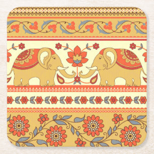 Ethnic elephants, flowers, seamless pattern. square paper coaster