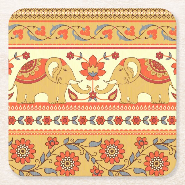Ethnic elephants, flowers, seamless pattern. square paper coaster (Front)