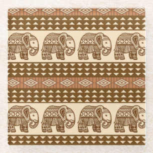 Ethnic Elephants Geometric Vintage Pattern Glass Coaster