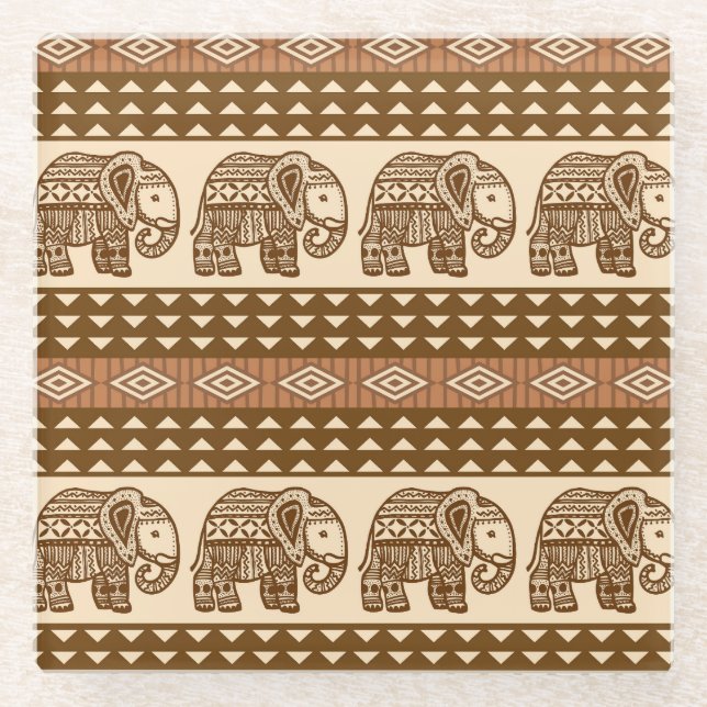 Ethnic Elephants Geometric Vintage Pattern Glass Coaster (Front)