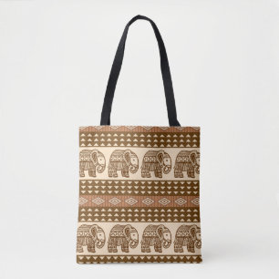 Ethnic Elephants Geometric Vintage Pattern Tote Bag