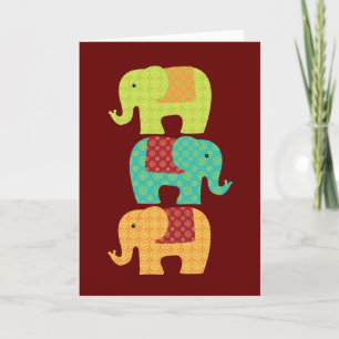 Ethnic Elephants with Flowers on Maroon Red Holiday Card
