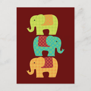 Ethnic Elephants with Flowers on Maroon Red Postcard