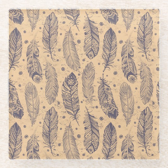 Ethnic Feather Outline Pattern Glass Coaster (Front)