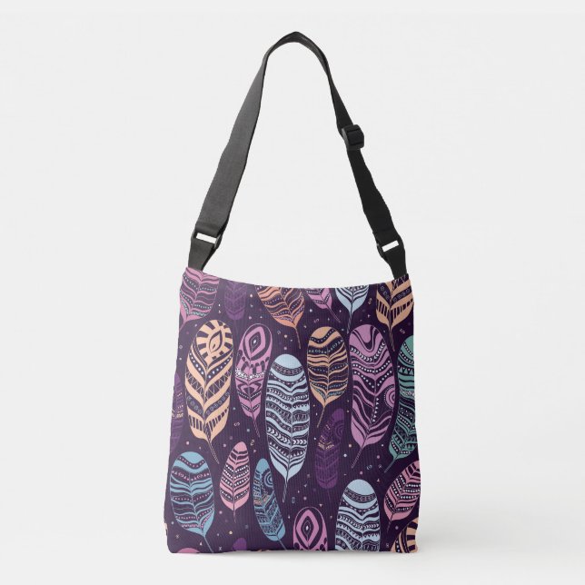 Ethnic feathers: black and white pattern crossbody bag (Front)