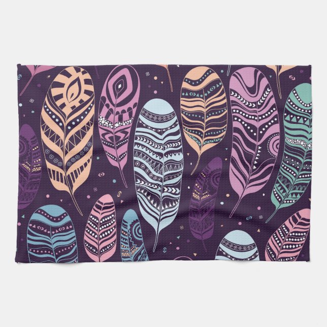 Ethnic feathers: black and white pattern kitchen towel (Horizontal)