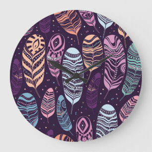 Ethnic feathers: black and white pattern large clock