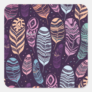 Ethnic feathers: black and white pattern square sticker
