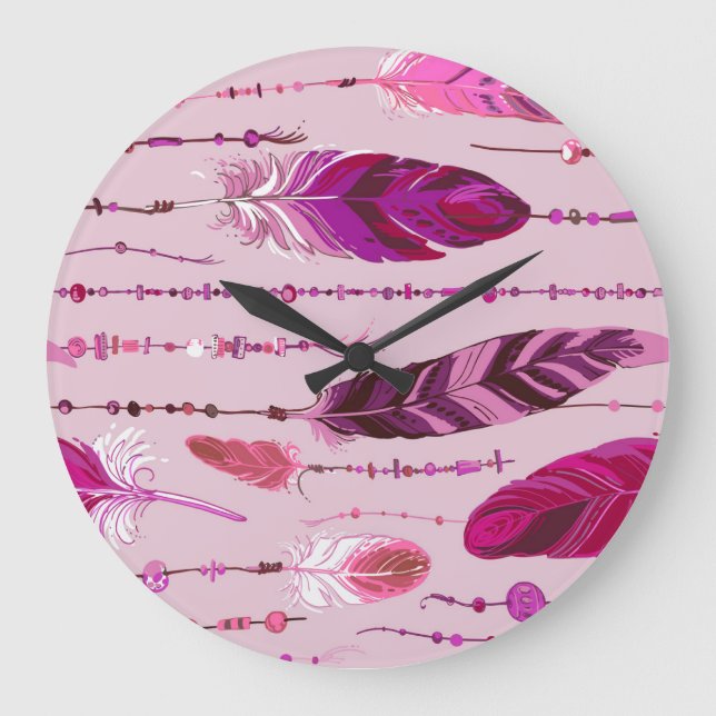 Ethnic Feathers: Bright Coloured Pattern. Large Clock (Front)