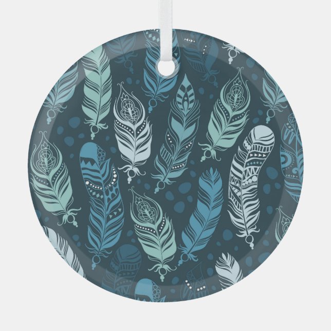 Ethnic Feathers: Colourful Seamless Pattern. Glass Ornament (Front)
