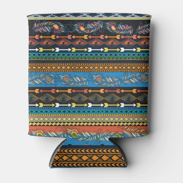 Ethnic Feathers: Embroidery Boho Chic Can Cooler (Front)