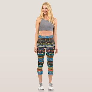 Ethnic Feathers: Embroidery Boho Chic Capri Leggings
