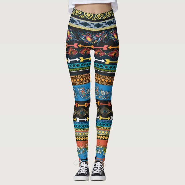Ethnic Feathers: Embroidery Boho Chic Leggings (Front)