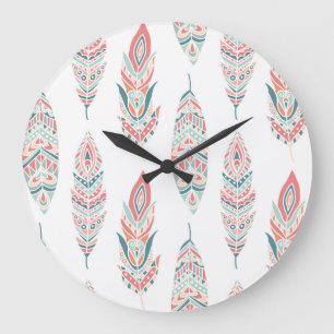 Ethnic Feathers Hand Drawn Illustration Large Clock