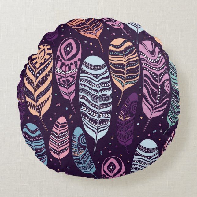 Ethnic feathers seamless pattern. round pillow (Front)