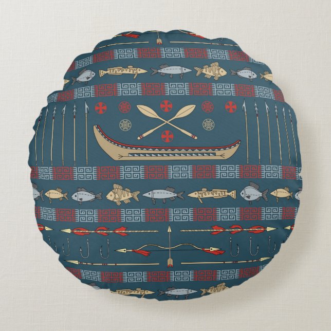 Ethnic Fishing Pattern Round Pillow (Front)