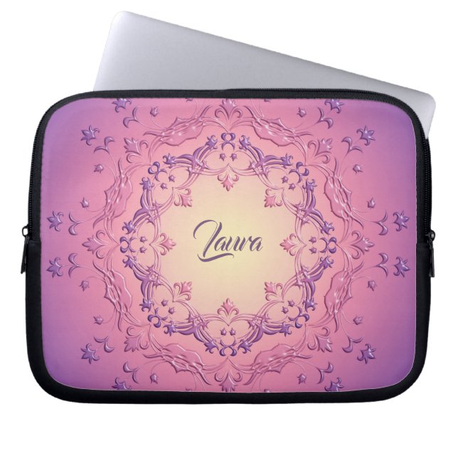 Ethnic floral gradient mandala.Name. Laptop Sleeve (Front)