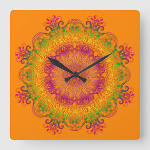 Ethnic floral mandala on orange background. square wall clock