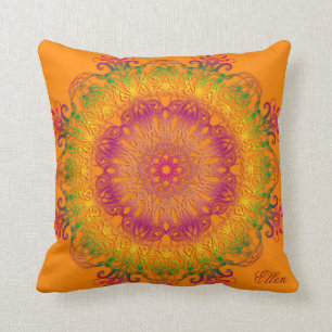 Ethnic floral mandala on orange background. throw pillow