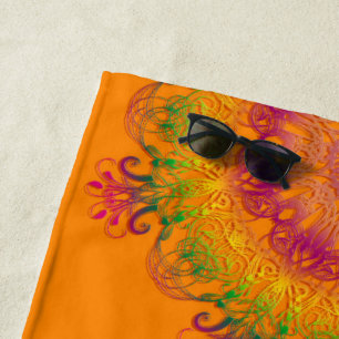 Ethnic Floral Mandala orange background Monogram Beach Towel