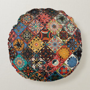 Ethnic floral mandala seamless pattern. Colorful m Round Pillow