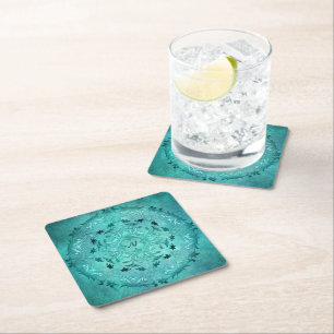 Ethnic floral turquoise grunge mandala coaster