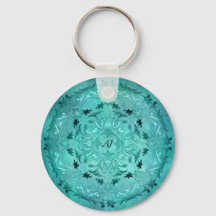 Ethnic floral turquoise grunge mandala keychain