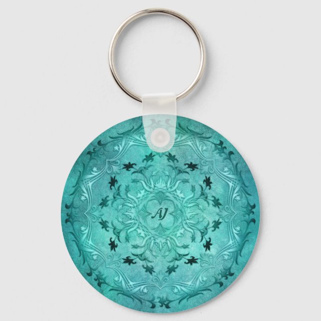 Ethnic floral turquoise grunge mandala keychain (Front)