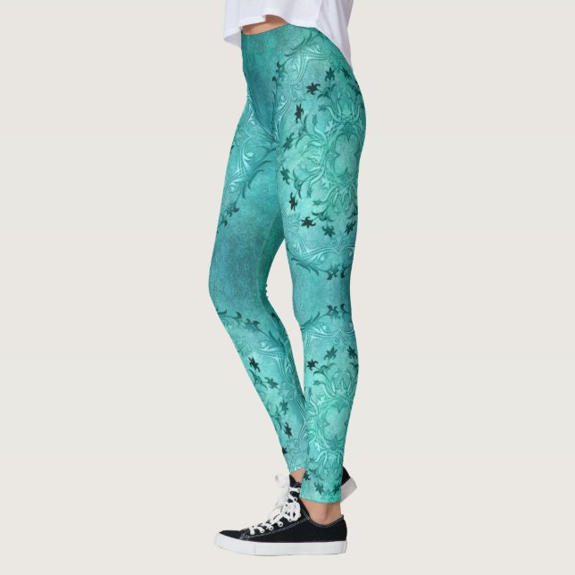 Ethnic floral turquoise grunge mandala leggings (Left)