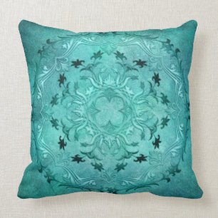 Ethnic floral turquoise grunge mandala throw pillow