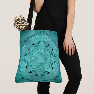 Ethnic floral turquoise grunge mandala tote bag