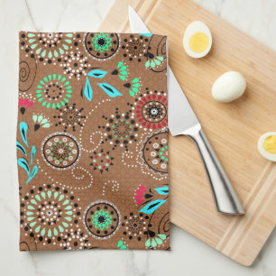 Ethnic folk abstract floral pattern retro brown kitchen towel