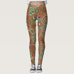 Ethnic folk abstract floral pattern retro brown leggings