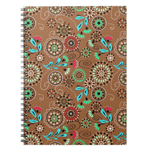 Ethnic folk abstract floral pattern retro brown notebook (Front)