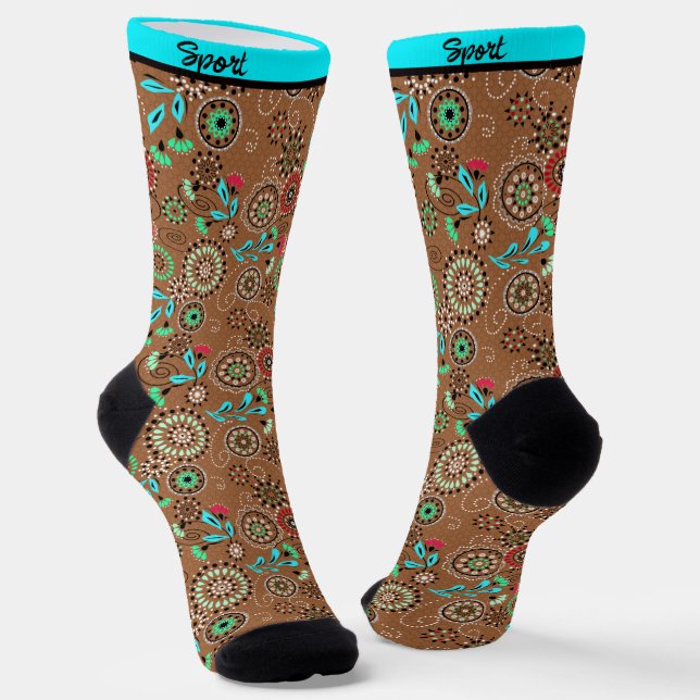 Ethnic folk abstract floral pattern retro brown socks (Angled)