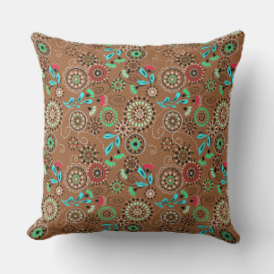 Ethnic folk abstract floral pattern retro brown throw pillow