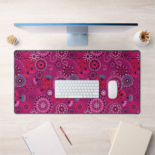 Ethnic folk abstract floral pattern retro crimson desk mat