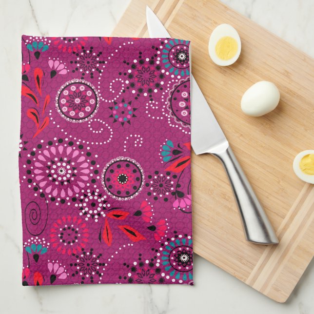 Ethnic folk abstract floral pattern retro crimson  kitchen towel (Quarter Fold)